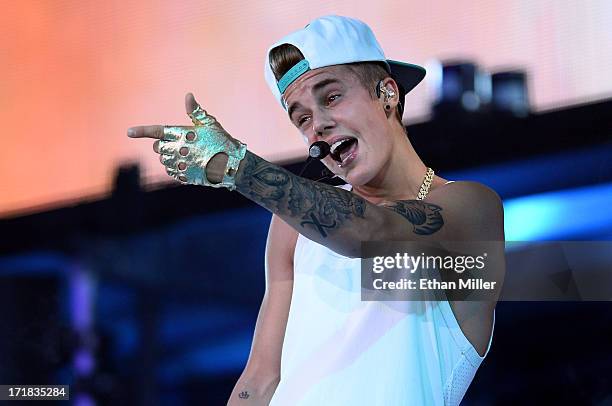 Recording artist Justin Bieber performs during his Believe Tour at the MGM Grand Garden Arena on June 28, 2013 in Las Vegas, Nevada.