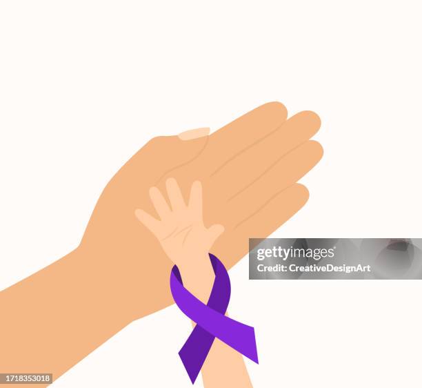 illustrations, cliparts, dessins animés et icônes de main de mère tenant la main de son bébé prématuré avec un ruban violet de sensibilisation à la prématurité. concept du mois de la sensibilisation à la prématurité - pregnancy awareness month