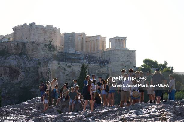 View of the Acropolis in Athens prior to the UEFA Europa League match between AEK Athens and AFC Ajax at AEK Arena on October 05, 2023 in Athens,...