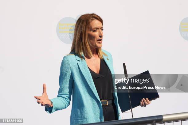 The President of the European Parliament, Roberta Metsola, attends the media upon her arrival at the Palacio de Congresos de Granada to participate...