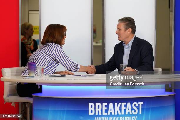 Labour party leader, Sir Keir Starmer is interviewed by Kay Burley during a media round on the morning of the final day of the Labour party...