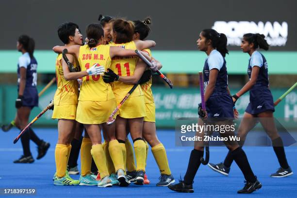 Liang Meiyu of China celebrates her goal during The 19th Asian Games, Hockey Women's semifinal between India and China at Gongshu Canal Sports Park...