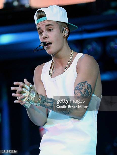 Recording artist Justin Bieber performs during a stop of his Believe Tour at the MGM Grand Garden Arena on June 28, 2013 in Las Vegas, Nevada.