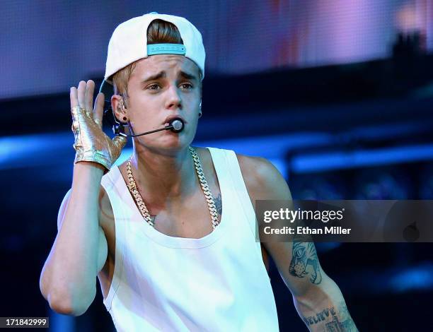 Recording artist Justin Bieber performs during his Believe Tour at the MGM Grand Garden Arena on June 28, 2013 in Las Vegas, Nevada.