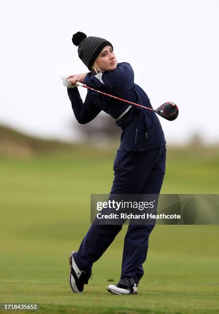 Actress, Kathryn Newton tees off on the fourth hole during Day One of the Alfred Dunhill Links Championship at Carnoustie Golf Links on October 05,...