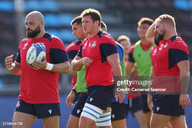 Simone Ferrari of Italy warms up during an Italy training session ahead of their Rugby World Cup France 2023 match against France at Stade Pierre...