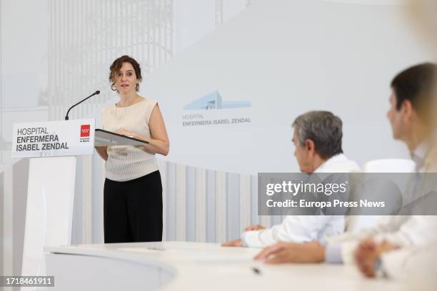The president of the Community of Madrid, Isabel Diaz Ayuso, speaks during the presentation of the new healthcare projects that will house the...
