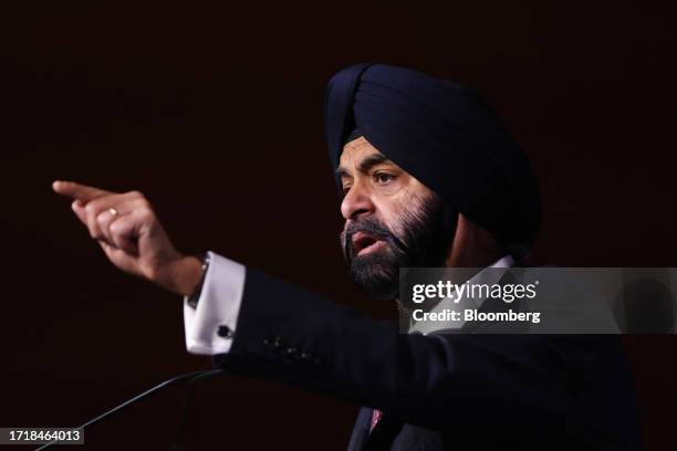 Ajay Banga, president of the World Bank Group, during a news conference at the annual meetings of the International Monetary Fund and World Bank in...