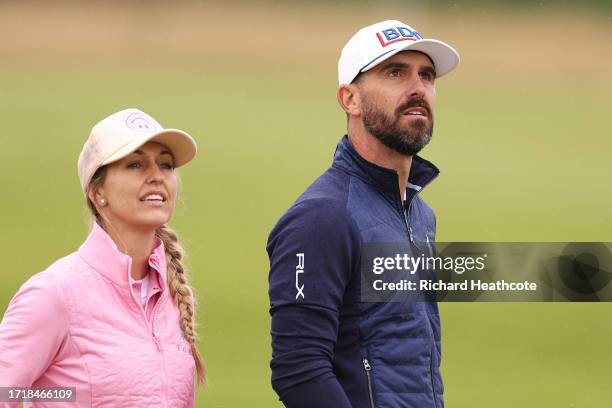 Billy Horschel of the United States and his Wife, Brittany walk on the third hole during Day One of the Alfred Dunhill Links Championship at...