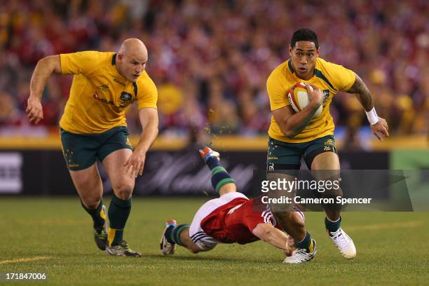 Christian Lealiifano of the Wallabies makes a break during game two of the International Test Series between the Australian Wallabies and the British...