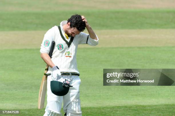 Ed Cowan of Australia leaves the field after being caught out for 46 at The County Ground on June 29, 2013 in Taunton, England.