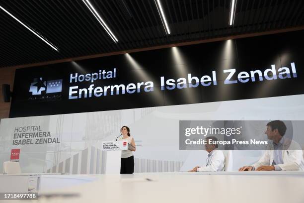 The president of the Community of Madrid, Isabel Diaz Ayuso , speaks during the presentation of the new healthcare projects that will house the...