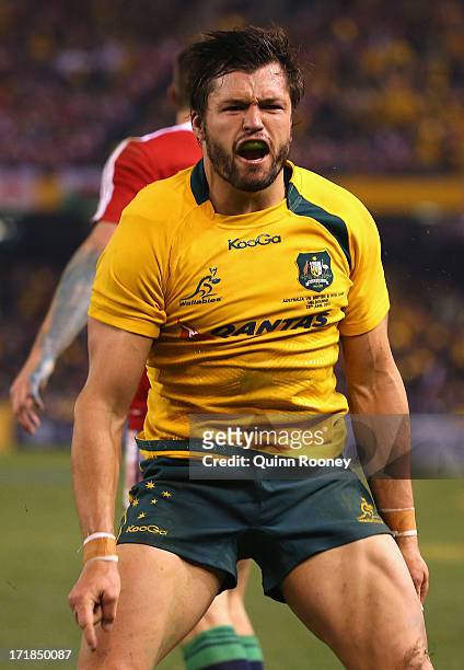 Adam Ashley-Cooper of the Wallabies celebrates scoring a try during game two of the International Test Series between the Australian Wallabies and...