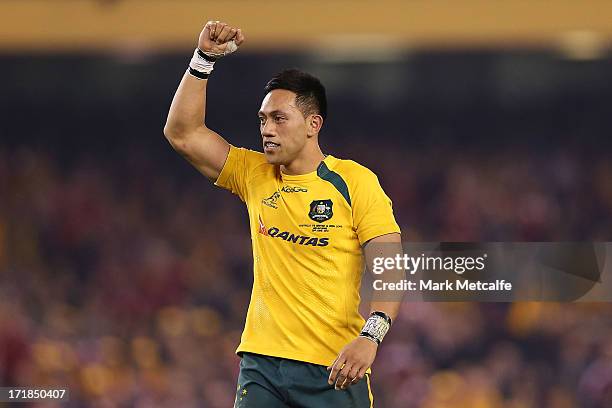 Christian Leali'ifano of the Wallabies celebrates victory at the end of game two of the International Test Series between the Australian Wallabies...