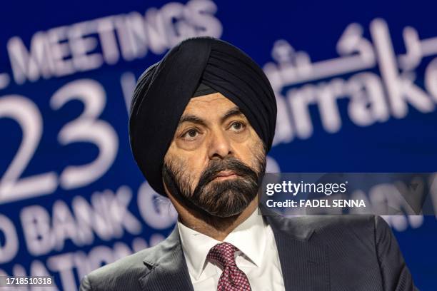 World Bank Group president Ajay Banga attends a press conference on the third day of the annual meetings of the WBG and the International Monetary...