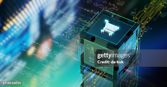 Futuristischer Hintergrund des Online-Shoppings. Leuchtendes Einkaufswagensymbol auf Würfel. CGI-3D-Rendering Futuristischer Hintergrund des Online-Shoppings. Leuchtendes Einkaufswagensymbol auf Würfel. CGI-3D-Rendering