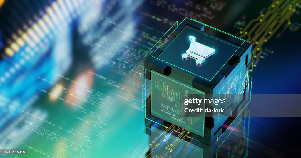 Online shopping futuristic background. Glowing shopping cart icon on cube. CGI 3D render