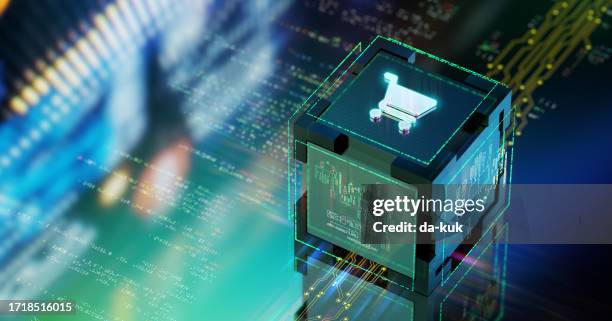 online shopping futuristic background. glowing shopping cart icon on cube. cgi 3d render - digitalt genererad bild bildbanksfoton och bilder