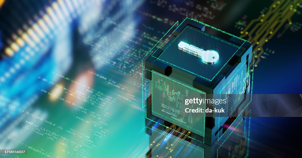 Digital authentication with key. Modern futuristic technology background. Data security concept. 3D render
