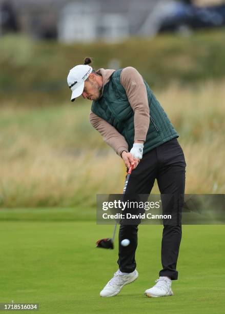Gareth Bale of Wales the former international soccer player plays his tee shot on the second hole during the first round of the Alfred Dunhill Links...