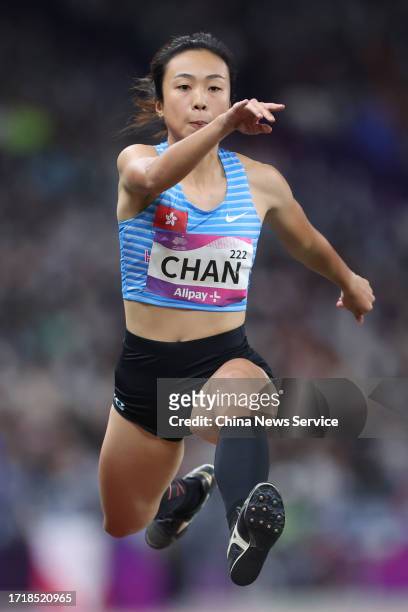 Vera Chan Shannon of Team Chinese Hong Kong competes in the Athletics - Women's Triple Jump Final on day 11 of the 19th Asian Games at Hangzhou...