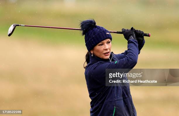 Actress, Catherine Zeta-Jones plays her second shot on the sixth hole during Day One of the Alfred Dunhill Links Championship at Carnoustie Golf...