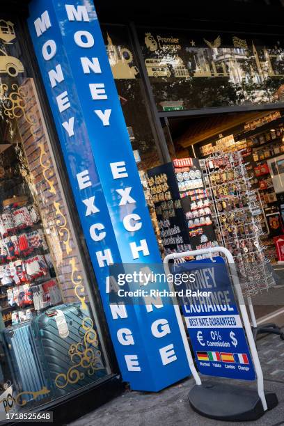 Money exchange bureau de change pillar on Oxford Street, on 10th October 2023, in London, England.