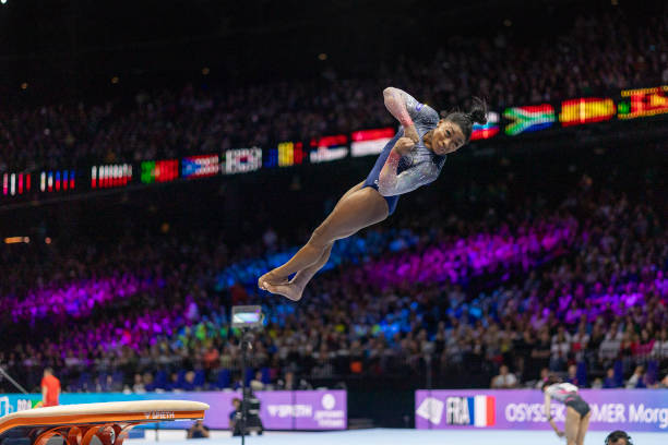October 04: Simone Biles of the United States performs her vault in the Women's Team Final during the Artistic Gymnastics World Championships-Antwerp...