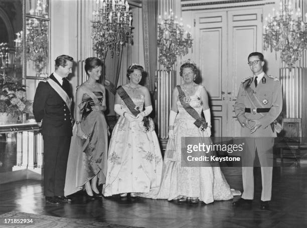 Princess Beatrix of the Netherlands and Queen Juliana of the Netherlands seen on a State Visit to Brussels, 31st May 1960. L - R; Prince Albert of...