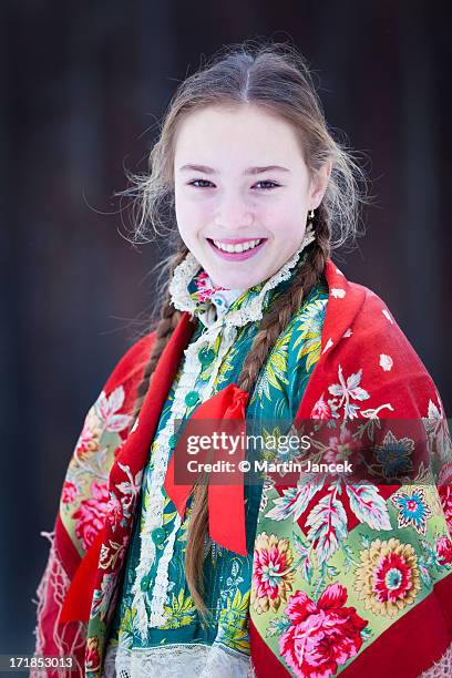girl in slovak folk dress - traditionally slovak stock pictures, royalty-free photos & images