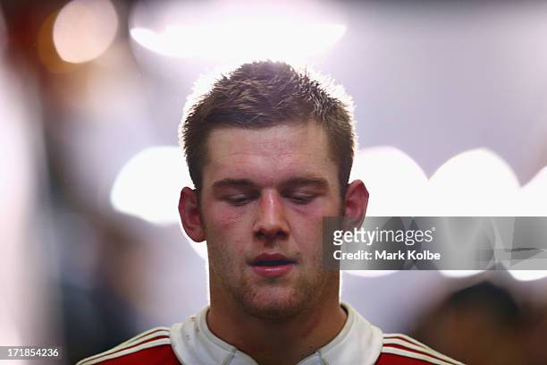 Dan Lydiate of the Lions looks dejected as he leaves the field after losing game two of the International Test Series between the Australian...