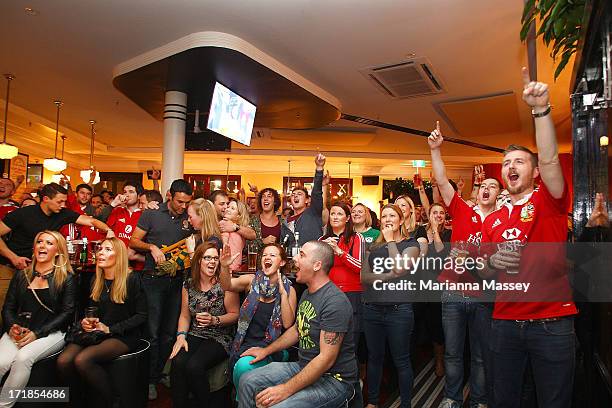 British & Irish Lions fans watch the International Test match in Melbourne between the Australian Wallabies and the British & Irish Lions at The...