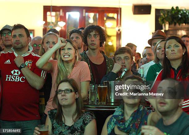 British & Irish Lions fans watch the International Test match in Melbourne between the Australian Wallabies and the British & Irish Lions at The...