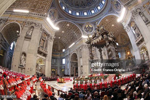 View of St. Peter's Basilica during a mass for the Solemnity of Saint Peter and Paul held by Pope Francis at Vatican Basilica on June 29, 2013 in...