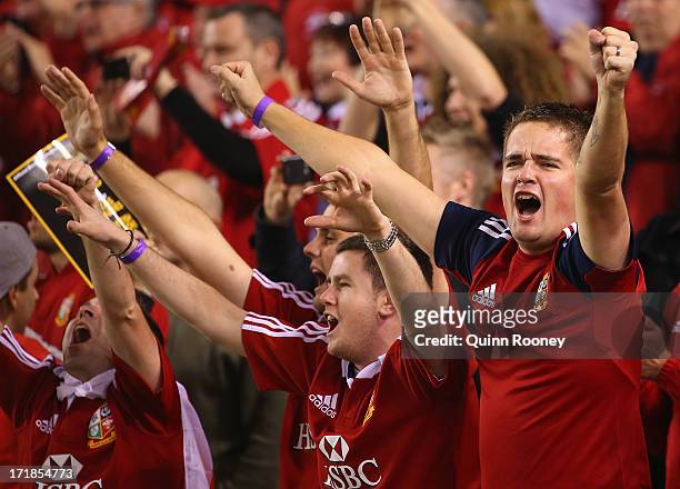Lions fans show their support during game two of the International Test Series between the Australian Wallabies and the British & Irish Lions at...