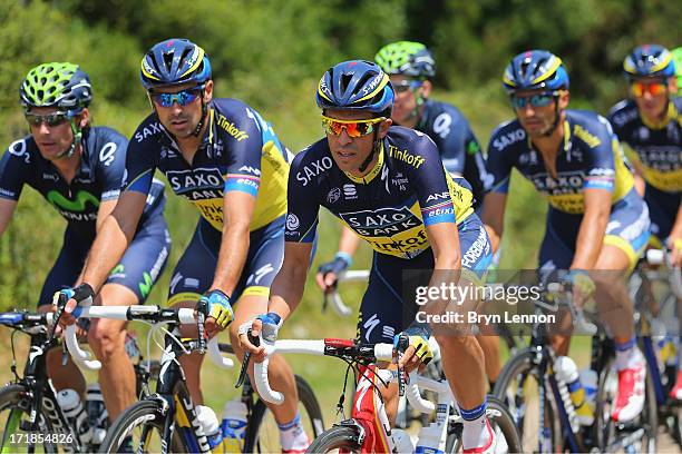 Alberto Contador of Spain and Saxo-Tinkoff rides with his team mates during stage one of the 2013 Tour de France, a 213KM road stage from...