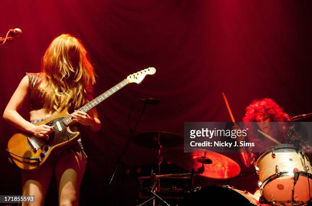 Deap Vally perform on stage at Bournemouth Academy, United Kingdom, 30th November 2012. Left to right: Lindsey Troy and Julie Edwards.