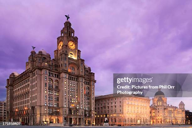 liverpool purple city skyline pier head - liverpool england stock pictures, royalty-free photos & images