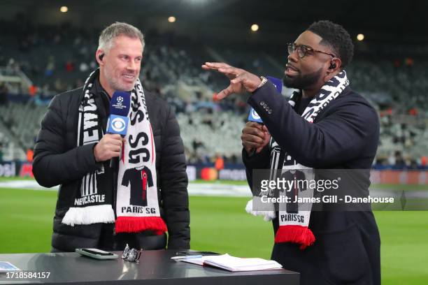 Sports pundits Jamie Carragher and Micah Richards during the UEFA Champions League match between Newcastle United FC and Paris Saint-Germain at St....