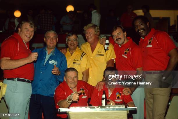 Celebrities tape a Miller Lite commercial in New York City, December 2, 1981. Seated, left to right: writer Mickey Spillane and NY Yankees Manager...