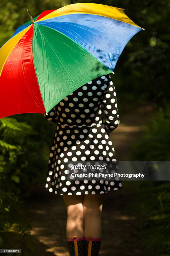 Woman with brightly coloured umbrella