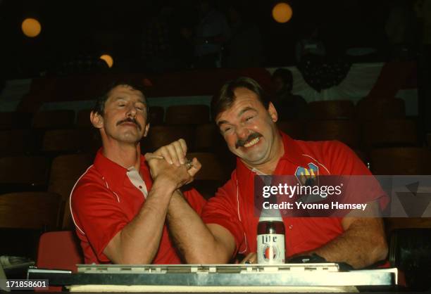 Yankees Manager Billy Martin and football great and broadcaster Dick Butkus tape a Miller Lite commercial December 2, 1981 in New York City.