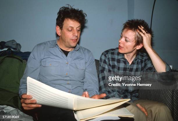 Composers Philip Glass and Laurie Anderson, at a rehearsal of their collaboration on 'Songs From Liquid Days', New York City, 10th October 1985.