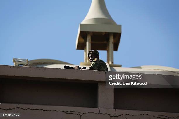 Security watch over the Union Buildings as U.S. President Barack Obama and wife Michelle Obama leave in Marine One on June 29, 2013 in Pretoria,...