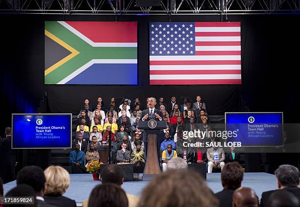 President Barack Obama holds a town hall meeting with young African leaders at the University of Johannesburg Soweto in Johannesburg, South Africa,...