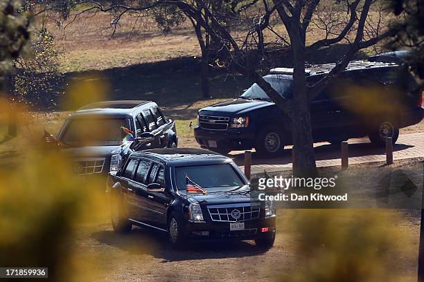 The presidential motorcade drives in front of the Union Buildings June 29, 2013 in Pretoria, South Africa. This is Obama's first official visit to...