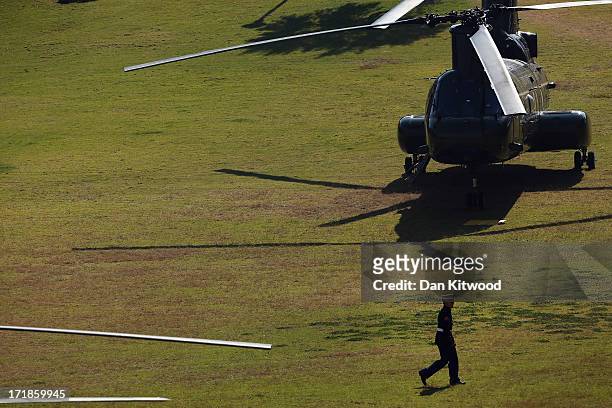 Helicopters prepare to leave the Union Buildings on June 29, 2013 in Pretoria, South Africa. This is Obama's first official visit to South Africa,...