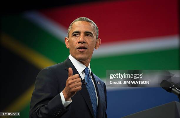 President Barack Obama speaks during a town hall style meeting at the University of Johannesburg Soweto in Johannesburg, South Africa, June 28, 2013....