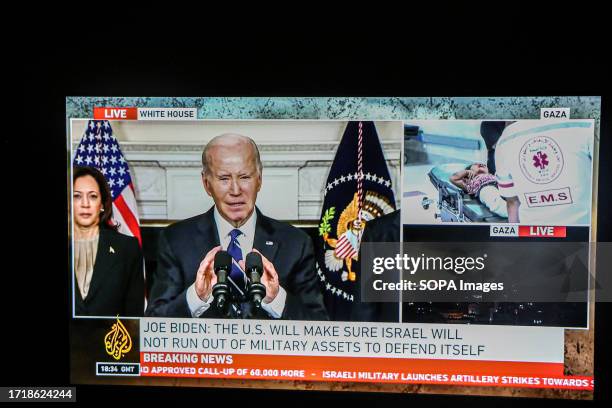 Screenshot of United States President Joe Biden delivering a live televised address on the Gaza-Israel conflict - a split screen showing victims of...