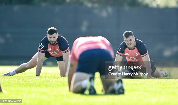 Paris , France - 11 October 2023; Robbie Henshaw, left, and Jonathan Sexton during an Ireland Rugby squad training session at Stade Omnisports des...